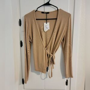 Bik Bok True Wrap Ribbed Long Sleeve Stretch Top Large